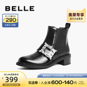 百丽切尔西靴女冬季靴子商场同款真皮粗跟短靴bp340dd2