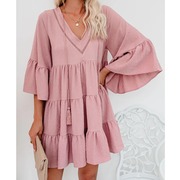 小个子秋季欧美时尚粉色v领系带，宽松荷叶边喇叭袖连衣裙短裙dress