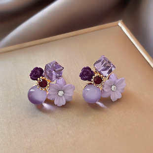复古紫色水晶花朵耳环女2022年小众设计耳饰气质温柔耳钉