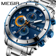 MEGIR欧美多功能三眼指针计时手表运动跑步男表精钢防水2075