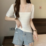 韩国大码女装2024夏季设计感小众网纱百搭减龄短袖针织打底衫