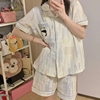 walking皱布夏季短袖甜美开衫，宽松卡通可爱熊猫睡衣女家居服套装