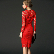 欧美大牌外贸名媛女装气质优雅蕾丝红色复古连衣裙包臀收腰裙