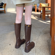 骑士靴女中长筒靴2024年秋冬季棕色高筒加绒不过膝显瘦长靴子