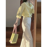 单/套装黄色长袖衬衫女秋季法式设计感小众衬衣裤子两件套ins