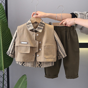 男童春装套装2025新款宝宝马甲三件套小童春秋衣服洋气韩版潮衬衣