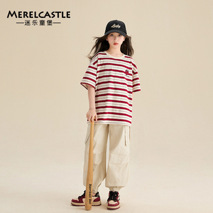 女童短袖t恤2024韩版洋气条纹上衣儿童夏季时髦体恤12岁女孩