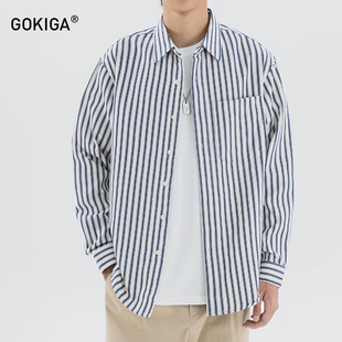 gokiga日系复古竖细条纹长袖衬衫，男潮宽松休闲翻领，衬衣外套秋6179