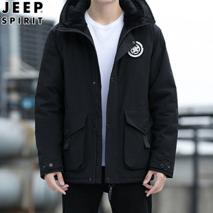 jeep冬季士棉衣连帽中长款棉服青年潮流，加厚加绒外套保暖夹克