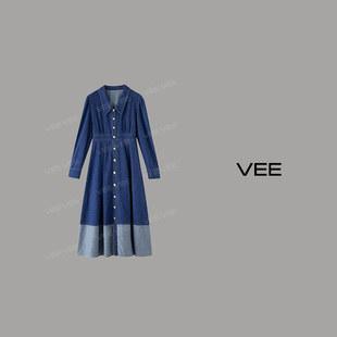 vee蓝色天空气质轻奢春季方领法式复古长袖牛仔连衣裙