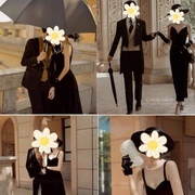 赫本风婚纱摄影道具大黑伞，法式复古英伦，帽子外景街拍珍珠手包