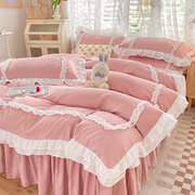公主风床品四件套磨毛床单被套学生宿舍床上三件套粉色花边床裙款