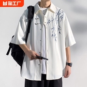 新中式男装竹子刺绣衬衣夏季青少年，冰丝衬衫薄款短袖休闲上衣外套