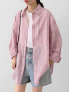 chicclo2024夏季休闲宽松条纹粉色亚麻衬衫女上衣防晒衬衣