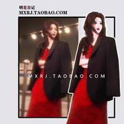 白鹿明星同款高级感黑色西装红色，露肩设计针织裙氛围感复古长裙女