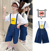 女童夏装背带裤薄款韩版洋气2021儿童背带短裤短袖两件套装潮