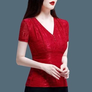 红色短袖t恤女2023夏季气质，女人味v领女装上衣收腰显瘦小衫潮