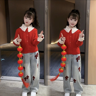 韩系女童小香风花边领毛衣2024春季洋气儿童刺绣牛仔裤两件套