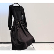 didimax秋冬赫本风，设计感方领针织，拼接抽褶连衣裙长裙w70785