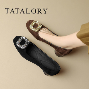 tatalory女鞋法式水钻浅口高跟鞋，女春秋复古磨砂，粗跟单鞋女瓢鞋