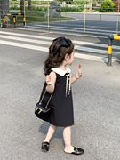 2023夏款女童复古赫本风，气质小黑裙娃娃领无袖公主连衣裙背心裙