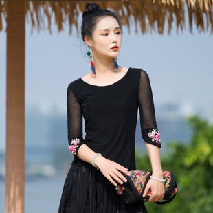 民族风T恤女2024夏季中国风洋气时尚蕾丝袖绣花纯棉t恤上衣