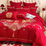 20242024高档龙凤刺绣结婚四件套大红色床单被套棉磨毛婚