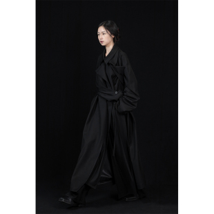 VAPOURBLUE原创黑色双层领单排扣风衣男女春季高级设计感小众外套