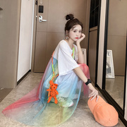 夏季韩版网纱拼接彩虹色连衣裙，胖mm大码女装假两件长款短袖t恤裙