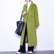 绿色大衣女冬季高级感小众设计高个子宽松超长款羊毛呢子西装外套