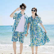沙滩短袖连衣裙v领大码蜜月，度假海边旅游印花衬衫，套装情侣装夏装