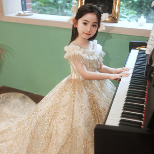 女童礼服香槟色蓬蓬纱拖尾儿童走秀花童小主持人钢琴演出服公主裙