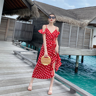 法式高级感修身开叉吊带裙复古波点气质红色连衣裙度假沙滩裙女夏