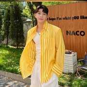 夏季衬衫男长袖个性明，黄色条纹休闲宽松防晒上衣垫肩韩版衬衣