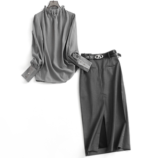 灰色薄款垂感透气褶皱立领长袖宽松显瘦女衬衫高腰包臀裙套装M819