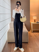 孕妇套装秋季韩版时尚宽松翻领针织长袖打底衫背带裤两件套