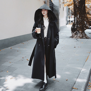韩版黑色连帽风衣外套女2023秋季设计感小众双排扣中长款大衣