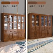 实木书柜现代中式书架带玻璃门，落地储物简约书橱办公室书房置物架