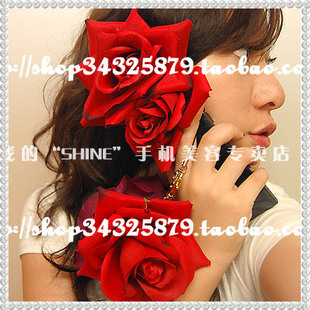 原创红色仿真玫瑰花适用于夏普9010C翻盖手机贴膜+手机挂件