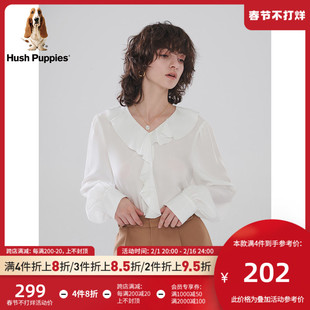 Hush Puppies暇步士女装2023荷叶边白色宽松套头女士长袖衬衫