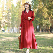 原创设计红色长袖连衣裙春秋，抽绳收腰显瘦双层棉麻大摆裙
