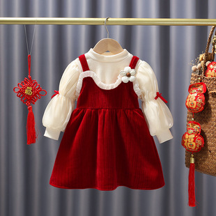 2024女童套裙长袖连衣裙女宝宝洋气时髦灯笼袖红色加绒公主裙