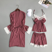 睡衣三件套女夏韩版冰丝带胸垫性感吊带睡衣睡袍丝绸家居服套装女