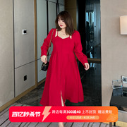 dm100大码百分百微胖微胖红色法式高级a字连衣裙