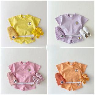韩版ins婴幼童宝宝糖果，色清爽短袖，套装卫衣短裤两件套坑条夏款