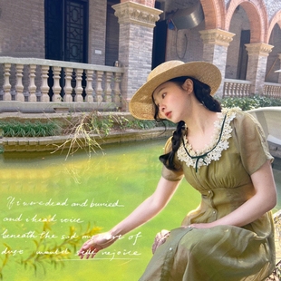 茉莉小调独立日2024年夏季复古蕾丝法式甜美绿色显瘦原创连衣裙