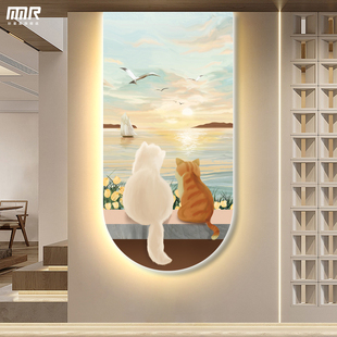 现代简约入户走廊玄关装饰画过道发光灯画壁画客厅海边猫咪无框画