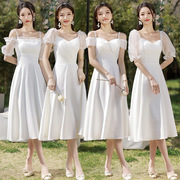 白色伴娘服2024春季姐妹团晚礼服，裙女小个子小众时尚大码