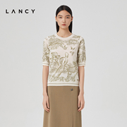 LANCY/朗姿女装2022春季羊毛刺绣圆领套头衫印花通勤针织衫女