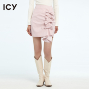 icy原创春季时尚气质不对称拼接蝴蝶结包臀高腰粉色半身短裙